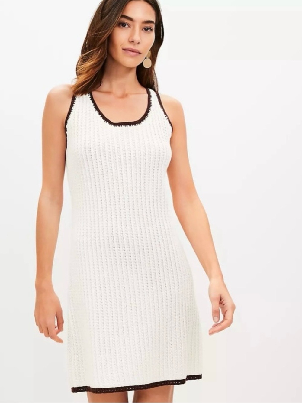 LOFT White Knit Tank Dress with Brown Trim